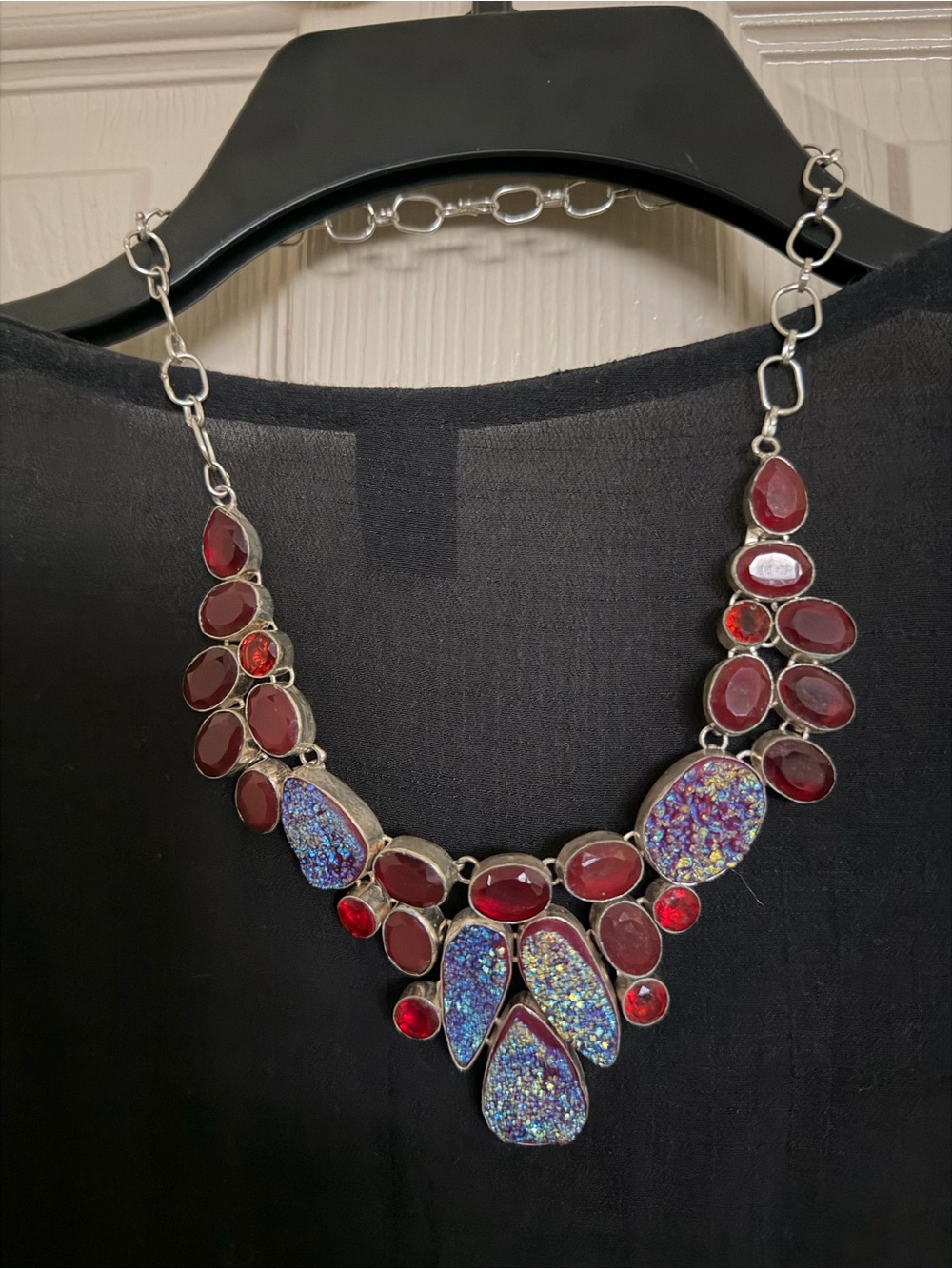 Semi-Precious Stines Statement Red and Blue Druzy Bib Necklace